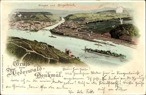 Litho Bingerbrück Bingen am Rhein, Mäuseturm, Niederwalddenkmal, Bingen