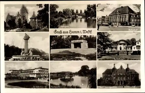 Ak Hamm in Westfalen, Schloss Heessen, Bärenbrunnen, Badehaus, Ehrenmal, Kinderklinik, Bahnhof