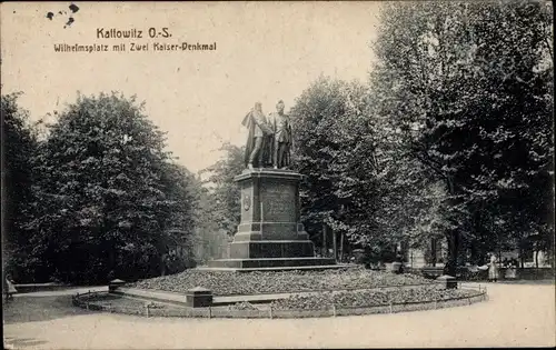 Ak Katowice Kattowitz Oberschlesien, Wilhelmsplatz mit Zwei Kaiserdenkmal