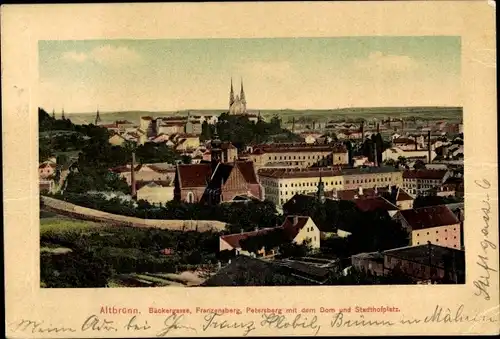 Ak Brno Brünn Südmähren, Bäckergasse, Franzensberg, Petersberg, Dom, Stadthofplatz