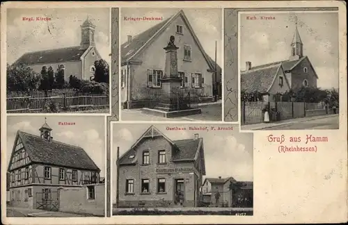 Ak Hamm am Rhein, Kirche, Kriegerdenkmal, Rathaus, Gasthaus Bahnhof