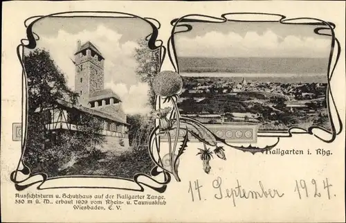 Jugendstil Ak Hallgarten Oestrich Winkel Rheingau, Aussichtsturm, Schutzhaus, Totale