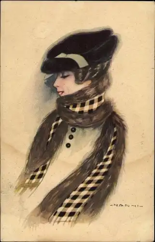 Künstler Ak Nanni, Frau mit Hut und Schal
