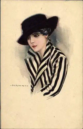 Künstler Ak Nanni, Frau mit Hut und gestreiften Hemd