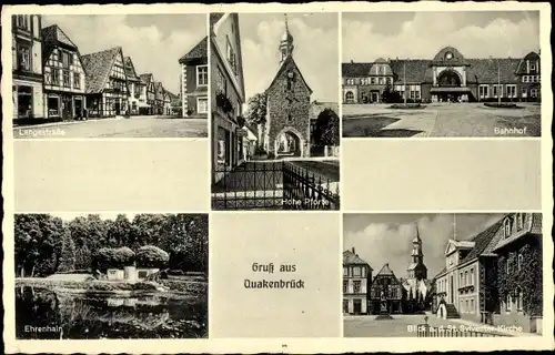 Ak Quakenbrück in Niedersachsen, Hohe Pforte, Bahnhof, Langestr., Ehrenhain, St. Sylvester Kirche