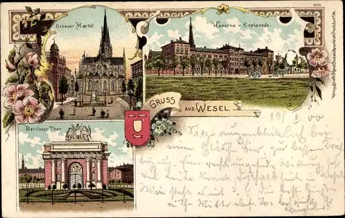 Litho Wesel am Niederrhein, Großer Markt, Kaserne, Esplanade, Berliner Tor, Wappen