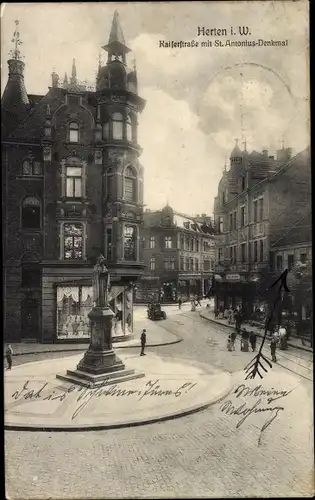 Ak Herten im Ruhrgebiet Westfalen, Kaiserstraße, St. Antonius Denkmal, Geschäfte