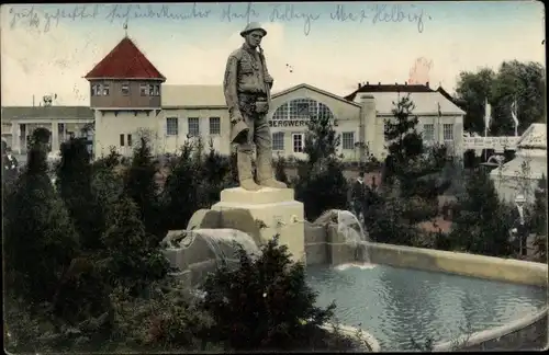 Ak Freiberg in Sachsen, Erzgebirgsausstellung 1912, Bergwerkshalle, Bergmannsbrunnen