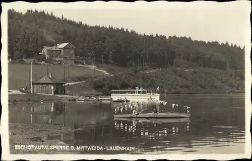 Foto Ak Lauenhain Mittweida, Wirtschaft Zschopautalsperre, Kanu, Anleger mit Boot