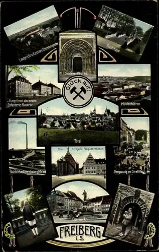 Ak Freiberg in Sachsen, Obermarkt, Infanterie Kaserne, Bergmann, Muldenhütten, Hohe Esse Halsbrücke