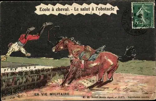 Künstler Ak Ecole à cheval, le salut à l'obstacle