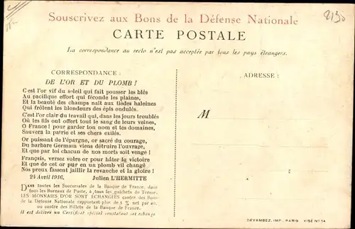 Ak Pour la France versez votre or, L'Or Combat pour la Victoire, Hahn, deutscher Soldat