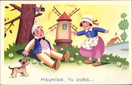 Künstler Ak Meunier, tu dors, schlafender Müller, Windmühle