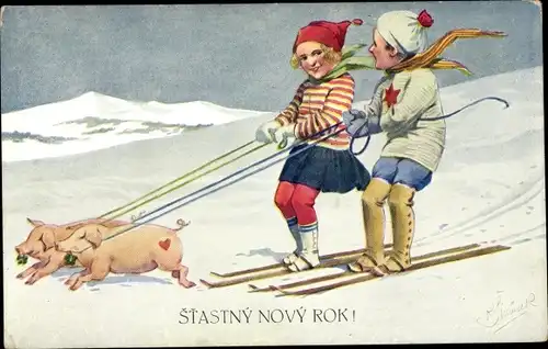 Künstler Ak Glückwunsch Neujahr, Kinder auf Skiern werden von Schweinen gezogen