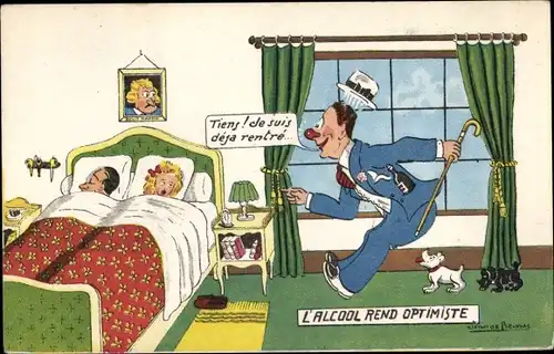 Künstler Ak L'Alcool rend optimiste, Paar im Bett, betrunkener Mann