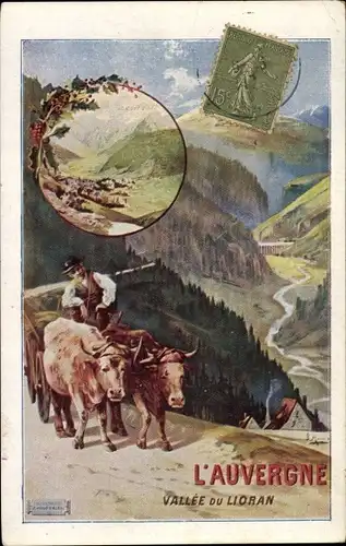 Künstler Ak Le Lioran Cantal, Auvergne, Rinderkarren