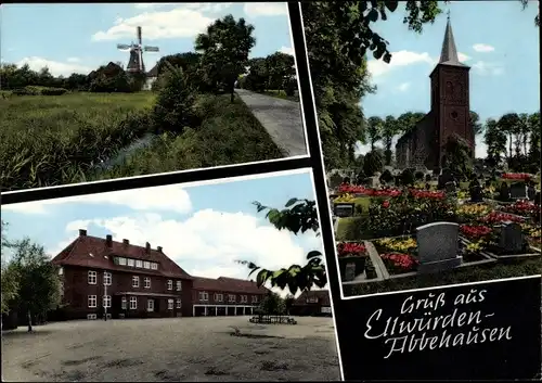 Ak Ellwürden Abbehausen Nordenham, Windmühle, Kirche mit Friedhof