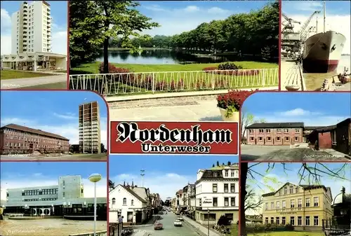 Ak Nordenham in Oldenburg Niedersachsen, Bahnhofstraße, Hochhaus, Jugendherberge, Rathaus, Hafen