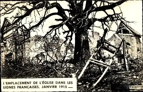 Ak Vauquois Meuse, Église détruite et Marronnier en Janvier 1915, I. WK