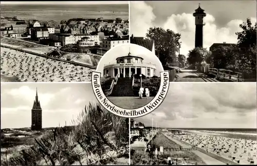 Ak Nordseebad Wangerooge in Ostfriesland, Strand mit Hotels, Westturm, Leuchtturm, Café Pudding