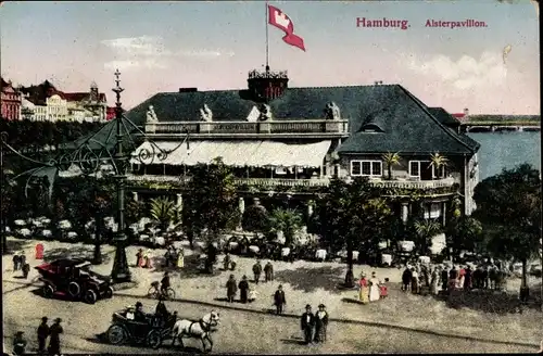 Ak Hamburg Mitte Altstadt, Alsterpavillon, Kutsche, Automobile, Passanten