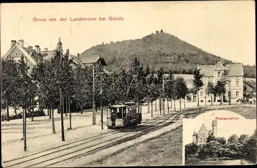 Ak Görlitz in der Lausitz, Blick auf die Landeskrone, Straßenbahn, Restaurant