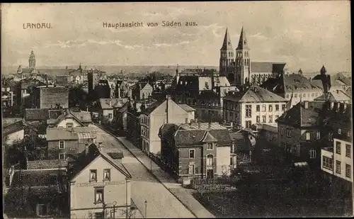 Ak Landau in der Pfalz, Hauptansicht von Süden aus, Straße, Kirche