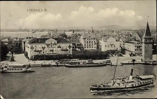 Ak Lindau am Bodensee Schwaben, Blick auf den Hafen, Stadt, Turm, Dampfer, Hotels