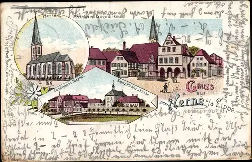 Litho Werne an der Lippe, Pfarrkirche, Marktplatz mit Kriegerdenkmal, Christophorus-Hospital