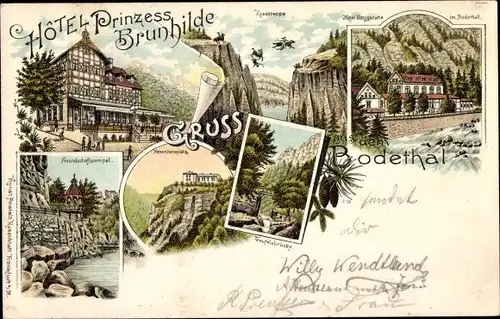 Litho Thale im Harz, Bodetal, Hotel Prinzess Brunhilde, Hexentanzplatz, Tempel, Hotel Königsruhe