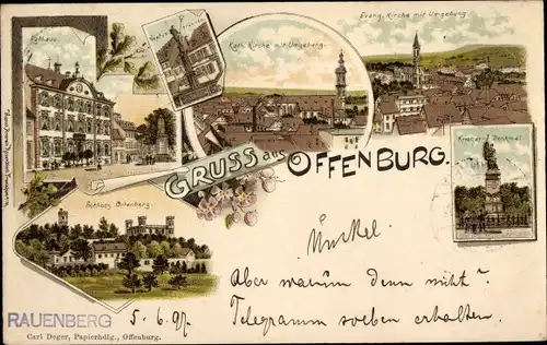 Litho Offenburg in Baden Schwarzwald, Kriegerdenkmal, Evangelische und Katholische Kirche, Rathaus