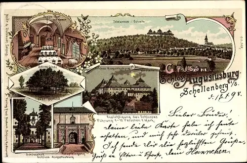 Litho Augustusburg im Erzgebirge, Schloss, Schlosshof, Innenansicht, Linde