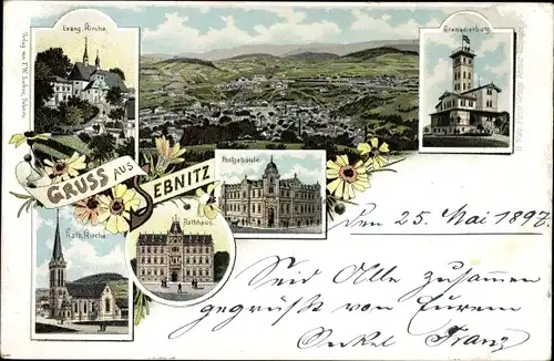 Litho Sebnitz in Sachsen, Kirche, Postgebäude, Rathaus, Grenadierburg, Panorama vom Ort
