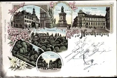 Litho Nordhausen am Harz, Rathaus, Luther Denkmal, Postamt, Wilhelmshöhe