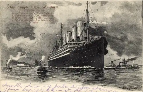Künstler Ak Stöwer, Willy, Dampfer Kaiser Wilhelm II, Norddeutscher Lloyd Bremen, Schnelldampfer