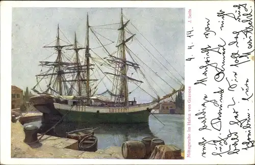 Künstler Ak Seits, J.,Gruž Dubrovnik Kroatien, Mittagsruhe im Hafen, Segelschiff