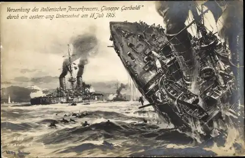 Künstler Ak Stöwer, Ital. Kreuzer Garibaldi, versenkt durch kuk U Boot U 4,1915