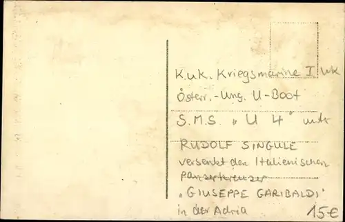 Künstler Ak Stöwer, Ital. Kreuzer Garibaldi, versenkt durch kuk U Boot U 4,1915