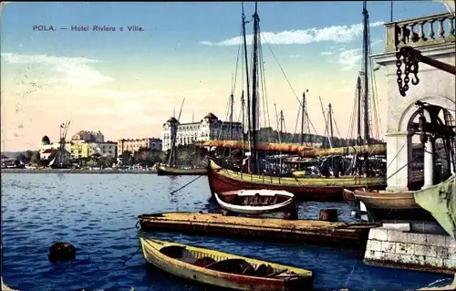 Ak Pola Pula Kroatien, Hotel Riviera e Ville, Segelboote im Hafen