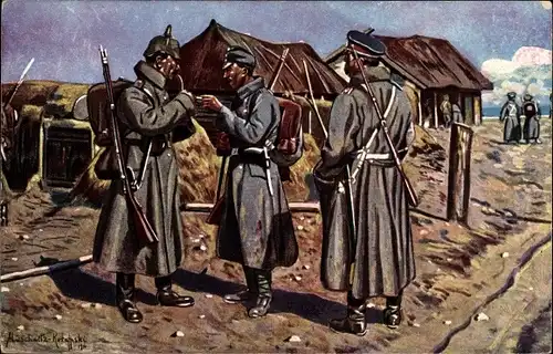 Künstler Ak Lüschwitz Koreffski, Drei Waffenbrüder in serbischem Dorf, Soldaten in Uniformen, I. WK