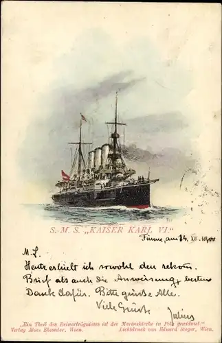 Litho Österreichisches Kriegsschiff, SMS Kaiser Karl VI, Panzerkreuzer, kuk Kriegsmarine