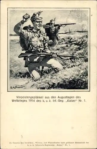 Künstler Ak Kuk Infanterie Regiment Kaiser Nr. 1, Vorpostengeplänkel August 1914, I. WK