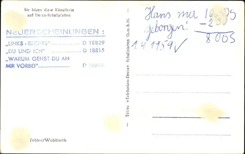 Ak Sängerin Hannelore Cremer, Decca Schallplatten, Portrait, Autogramm