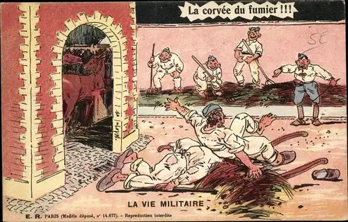 Künstler Ak La Vie Militaire, La Corvée du fumier, Soldaten, Unfall, Scheune