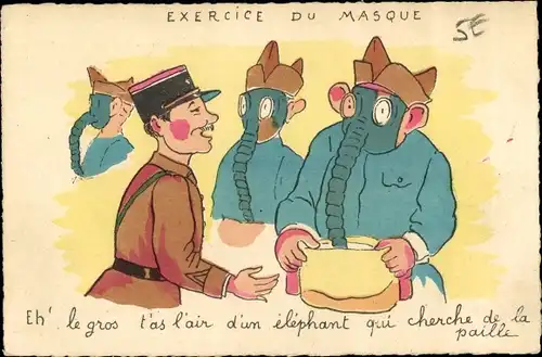 Künstler Ak Exercice du Masque, Soldaten mit Atemschutzmaske