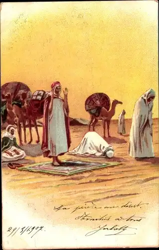 Litho Magreb, Araber beim Gebet in der Wüste, Kamele