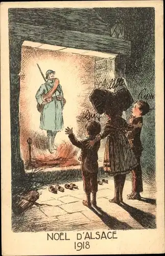 Ak Glückwunsch Weihnachten, Noel d'Alsace, Soldatenerscheinung im Kaminfeuer, Trachten
