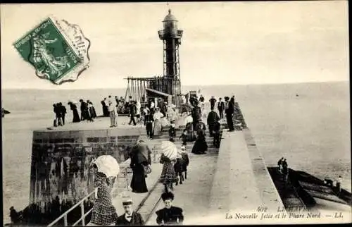 Ak Le Havre Seine Maritime, La Nouvelle Jetee et le Phare Nord