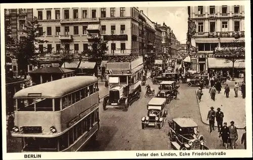 Ak Berlin Mitte, Unter den Linden Ecke Friedrichstraße, Cafe König, Omnibus, Verkehr