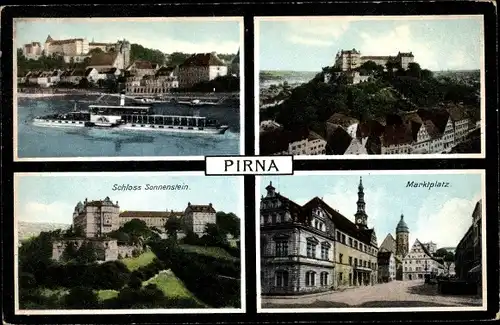 Ak Pirna in Sachsen, Stadtansichten, Schloss Sonnenstein, Marktplatz, Schiff